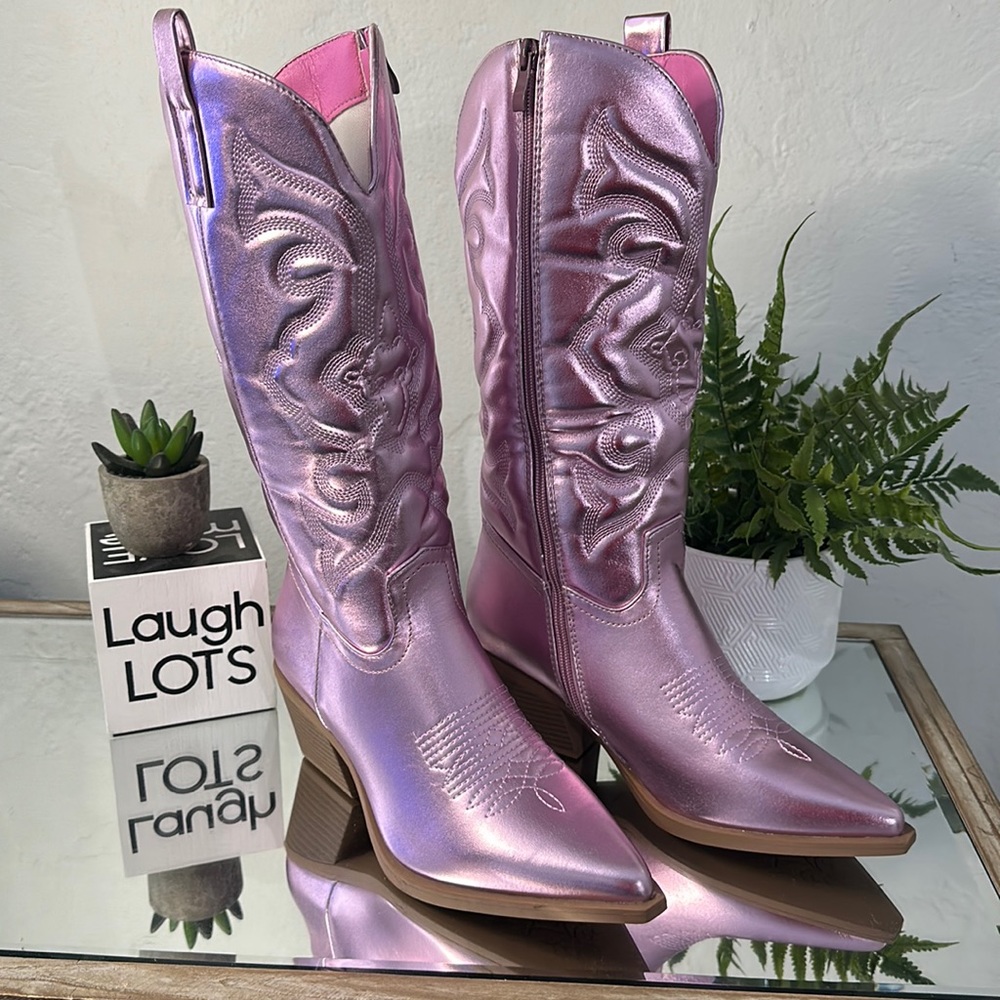 Metallic pink calf height heeled, cowboy boots